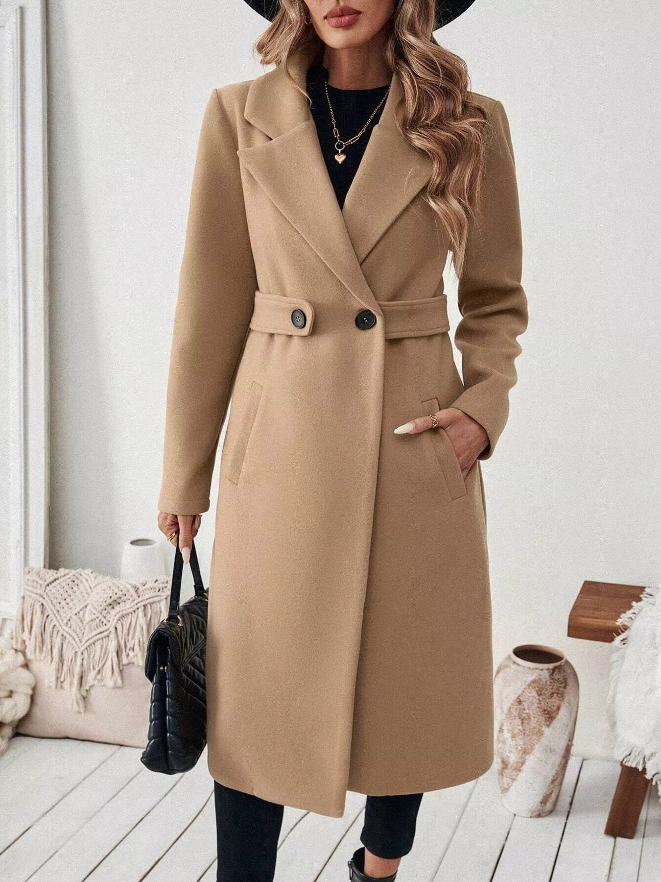 One Button Wool Blend Overcoat Camel