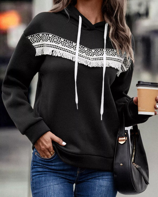 Fringe Detail Long Sleeve Drawstring Hoodie Black