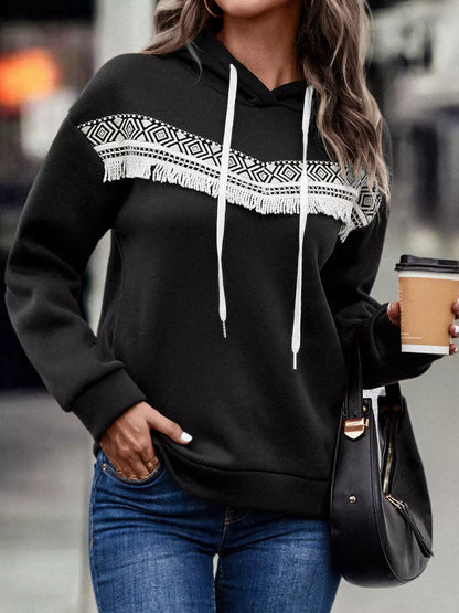 Fringe Detail Long Sleeve Drawstring Hoodie Black