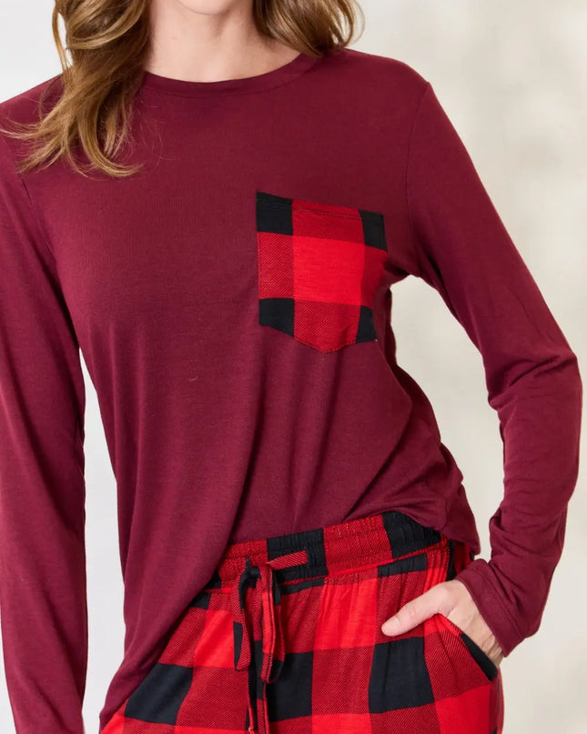 Zenana Full Size Plaid Round Neck Top and Pants Pajama Set