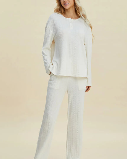 Double Take Full Size Cable-Knit Long Sleeve Top and Pants Set White