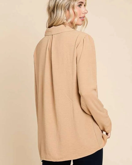 Culture Code Full Size Lapel Collar Ruched Long Sleeve Blouse