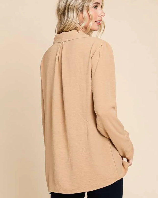 Culture Code Full Size Lapel Collar Ruched Long Sleeve Blouse