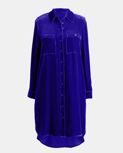 High-Low Button Up Long Sleeve Knee Length Dress