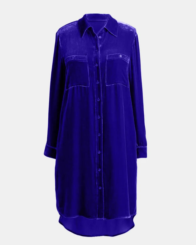 High-Low Button Up Long Sleeve Knee Length Dress