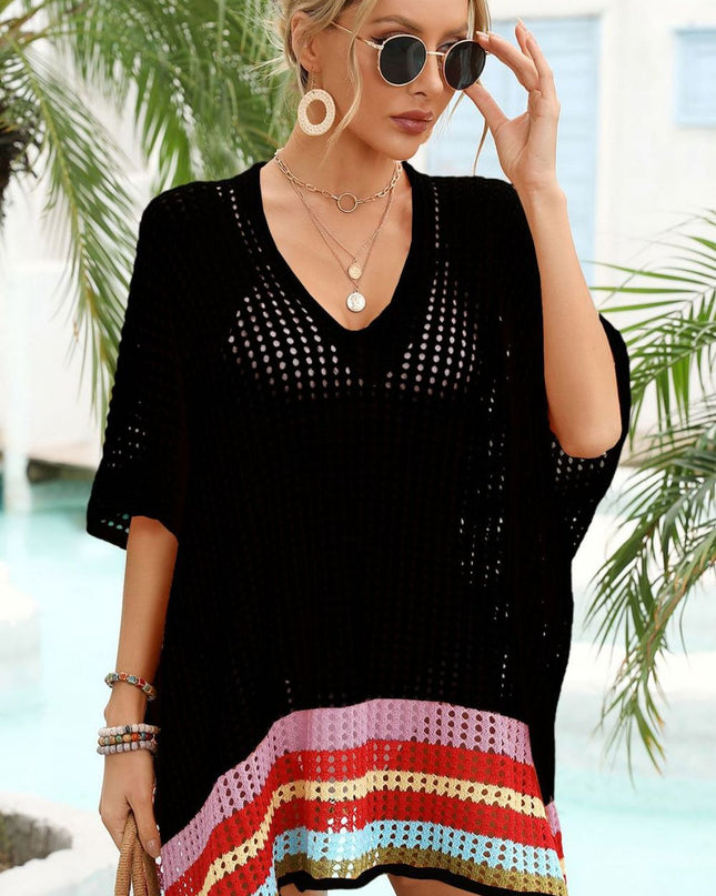 Angel Wings Rainbow Stripe Openwork Slit Cover-Up Black One Size