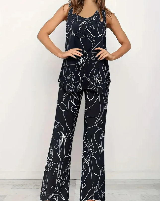 Abstract Print Round Neck Tank and Pants Set