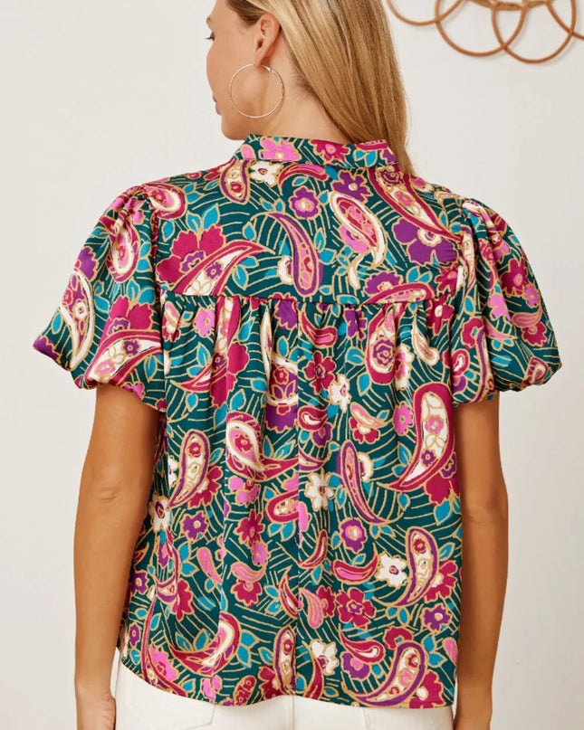 Floral Collared Neck Short Sleeve Blouse