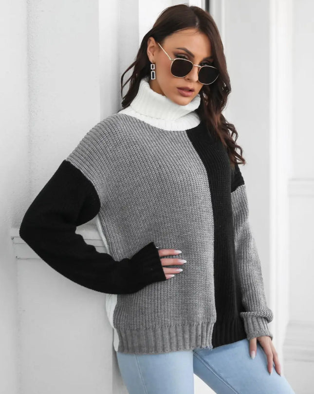 Contrast Turtleneck Long Sleeve Sweater