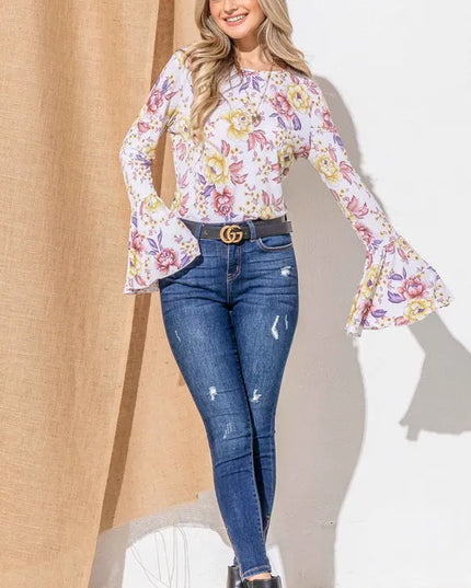 And The Why Floral Printed Bell Sleeve Casual Top 