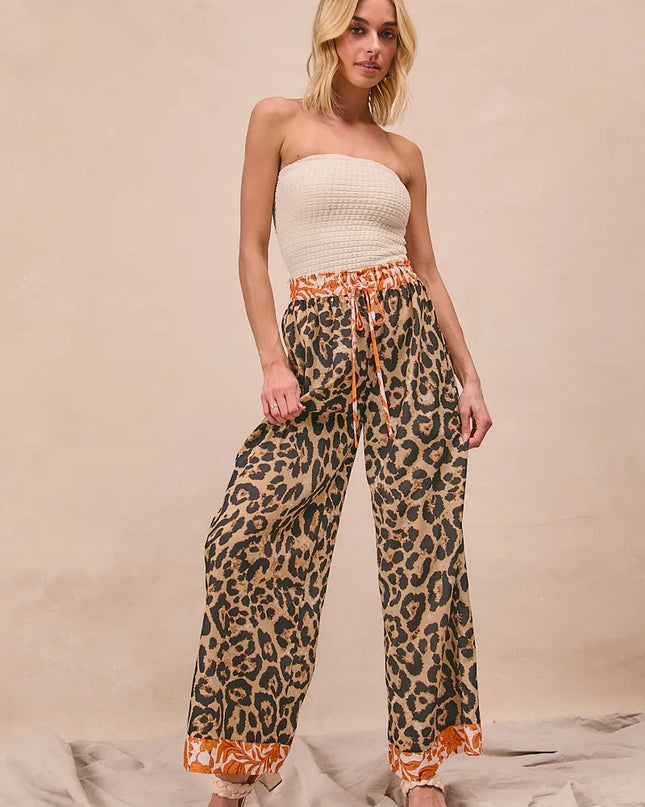 BiBi Leopard Print With Contrast Banded Wide Pants