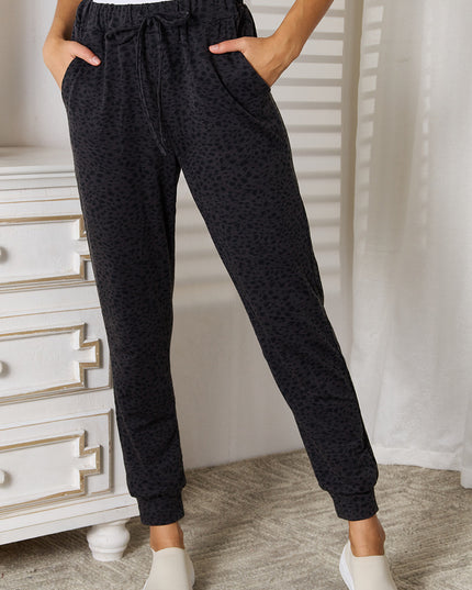 Basic Bae Leopard Print Joggers with Pockets Black