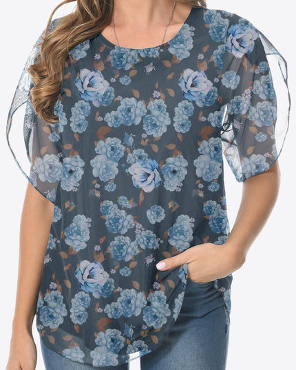Printed Round Neck Curved Hem Blouse