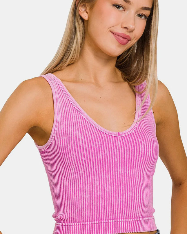 Zenana Washed Ribbed Cropped Tank BRIGHTMAUVE