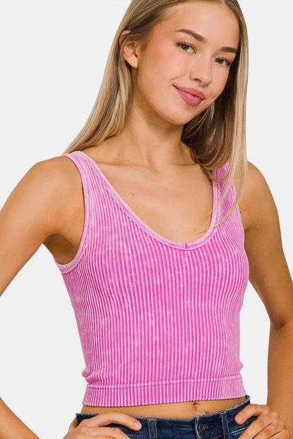 Zenana Washed Ribbed Cropped Tank BRIGHTMAUVE