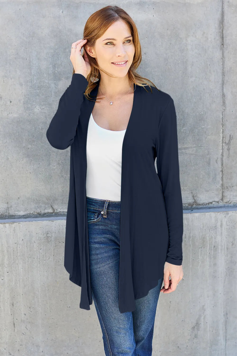 Basic Bae Full Size Open Front Long Sleeve Cardigan Dark Blue