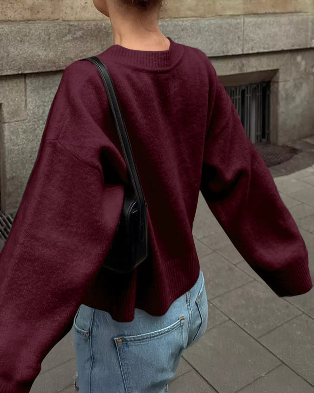 Ribbed Round Neck Dropped Shoulder Sweater