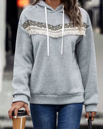 Fringe Detail Long Sleeve Drawstring Hoodie Light Gray
