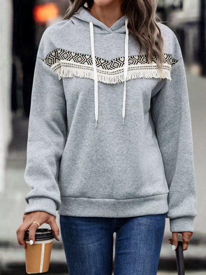 Fringe Detail Long Sleeve Drawstring Hoodie Light Gray
