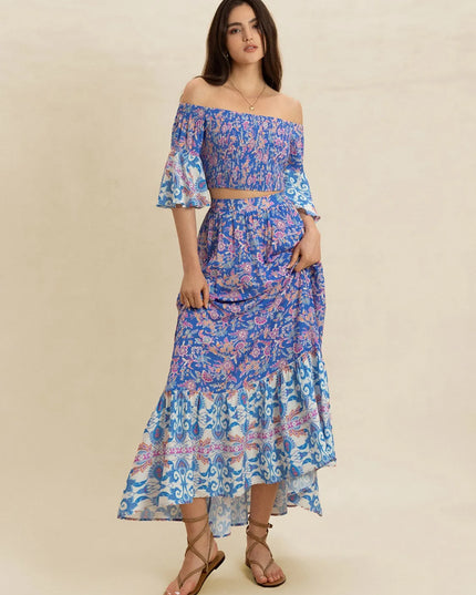 Smocked Off-Shoulder Printed Top and Skirt Set