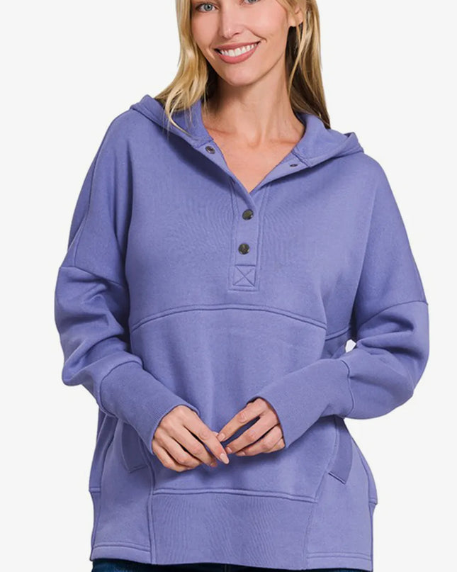 Zenana Half Snap Long Sleeve Hoodie with Kangaroo Pocket Blue Purple