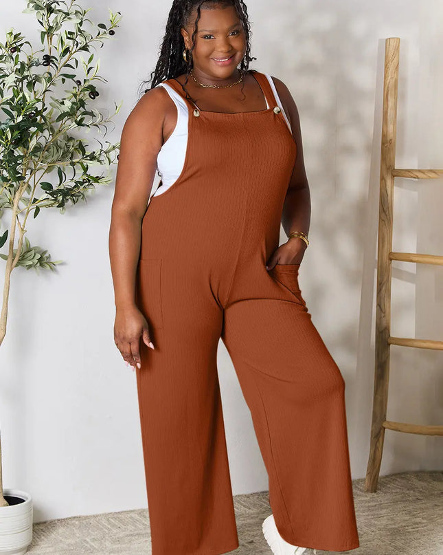 Double Take Full Size Wide Strap Overall with Pockets Ochre