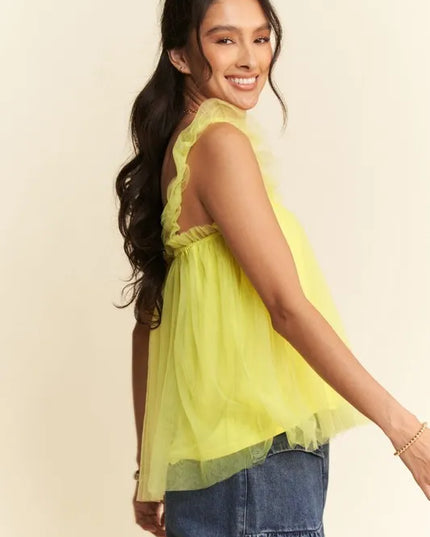 Davi & Dani Shirred Ruffle Strap Tulle Babydoll Top