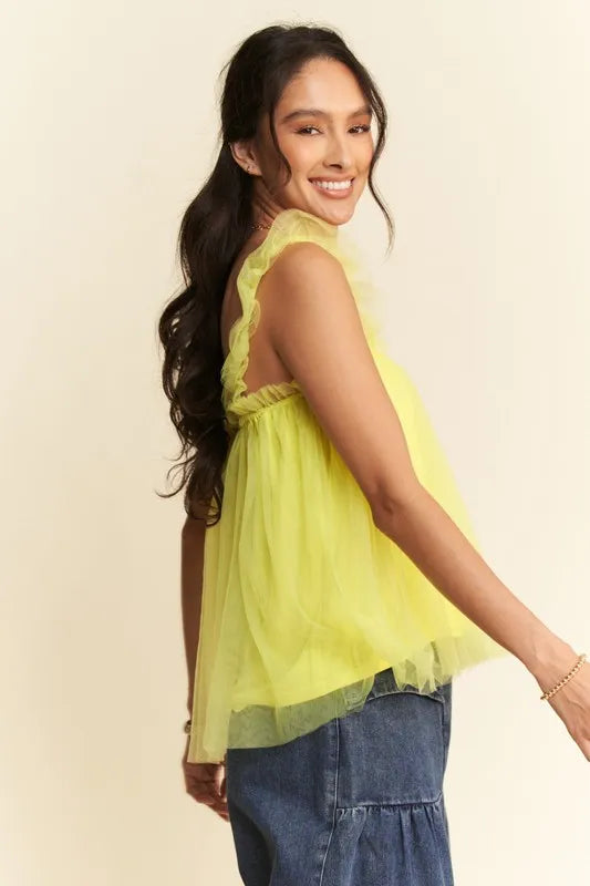 Davi & Dani Shirred Ruffle Strap Tulle Babydoll Top