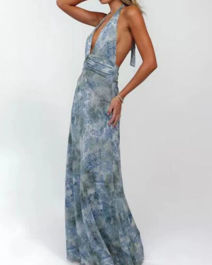 Floral Halter Neck Deep V Maxi Dress