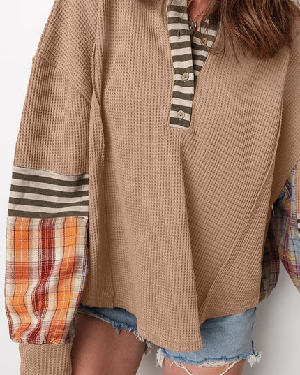 Waffle Stripe Plaid Patchwork Henley Knit Top