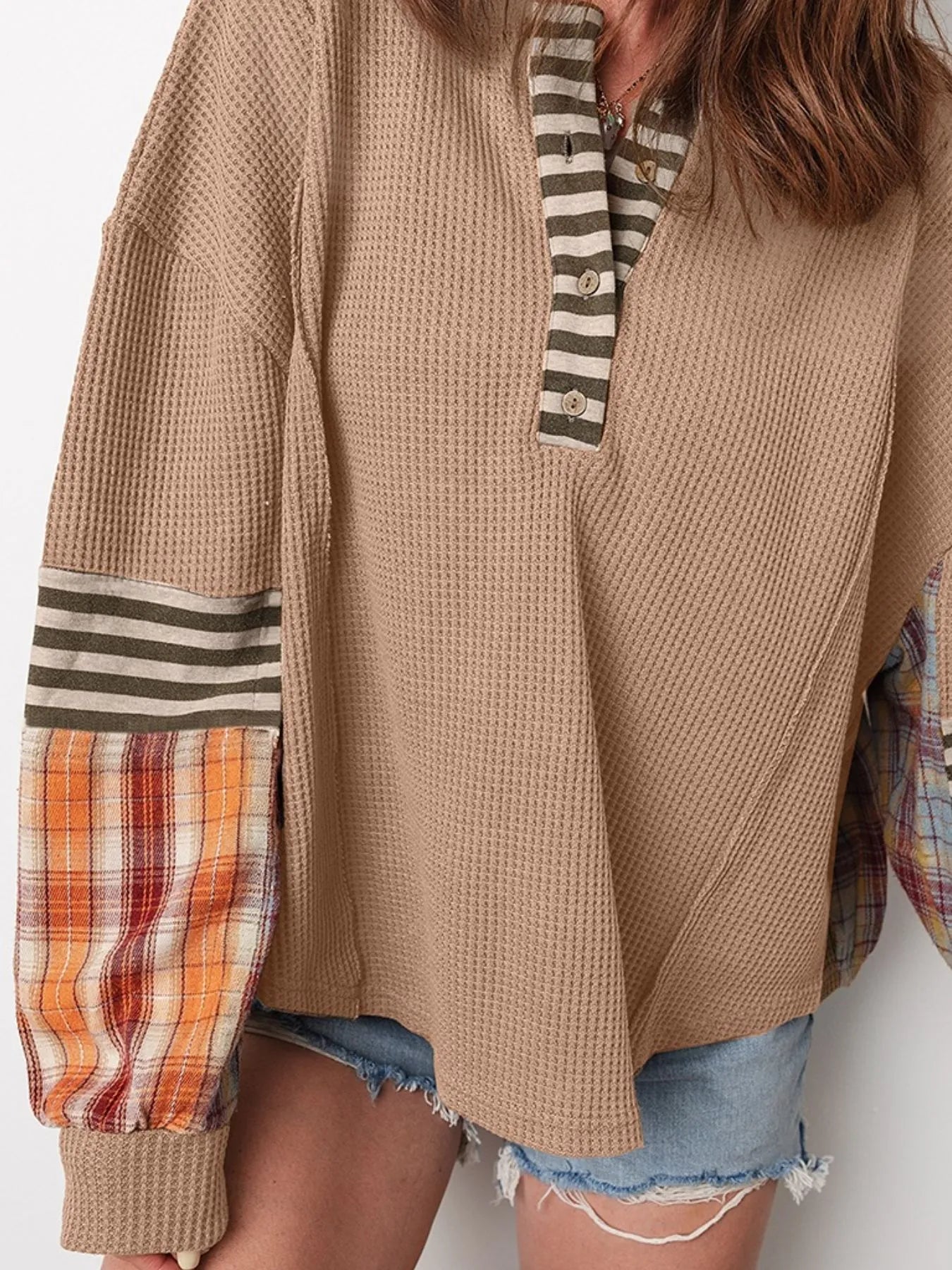 Waffle Stripe Plaid Patchwork Henley Knit Top