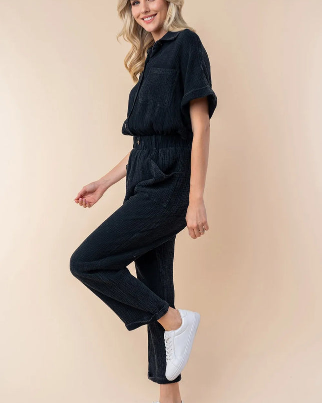 White Birch Texture Short Sleeve Jumpsuit