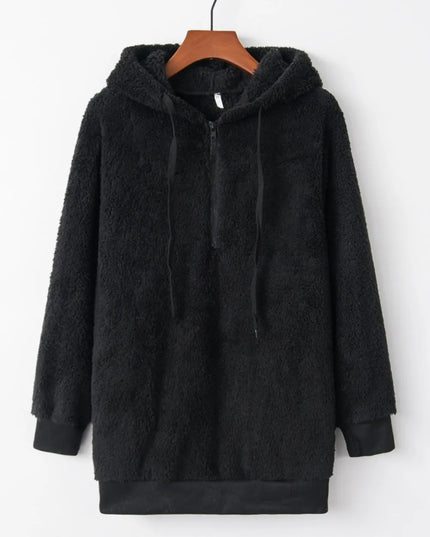 Full Size Quarter-Zip Drawstring Teddy Hoodie