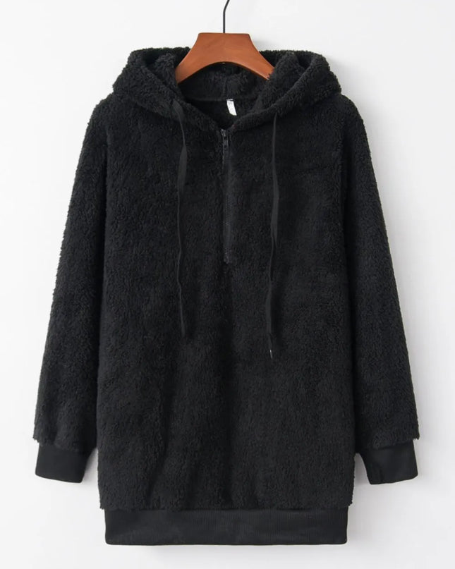 Full Size Quarter-Zip Drawstring Teddy Hoodie