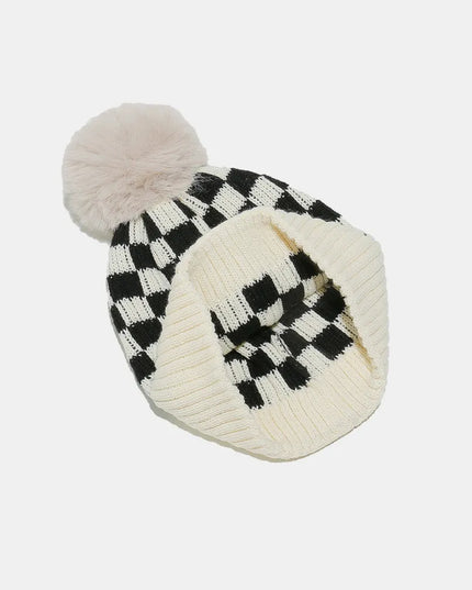 Checkered Knit Hat with Pompom