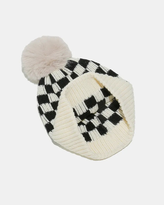 Checkered Knit Hat with Pompom