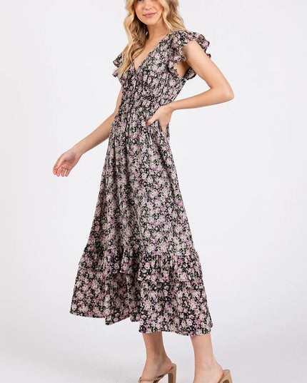 Mittoshop Flower Print Ruffle Cap Sleeve V-neck Midi Dress
