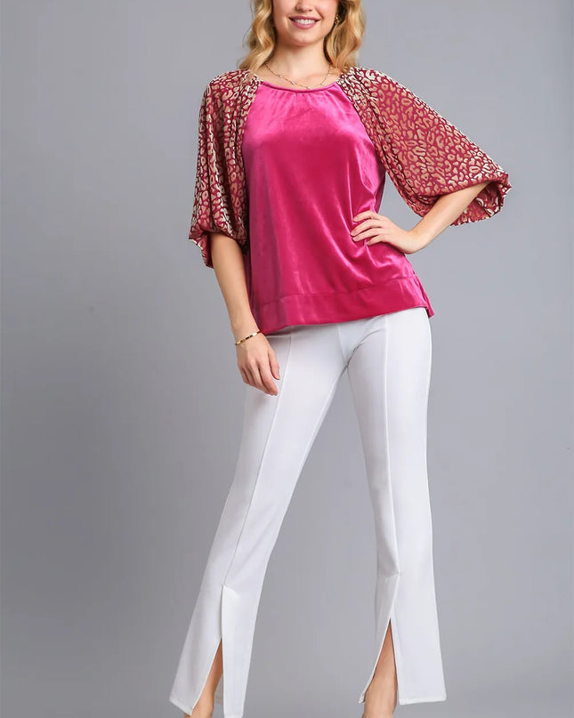 Umgee Round Neck Leopard Balloon Sleeve Velvet Top