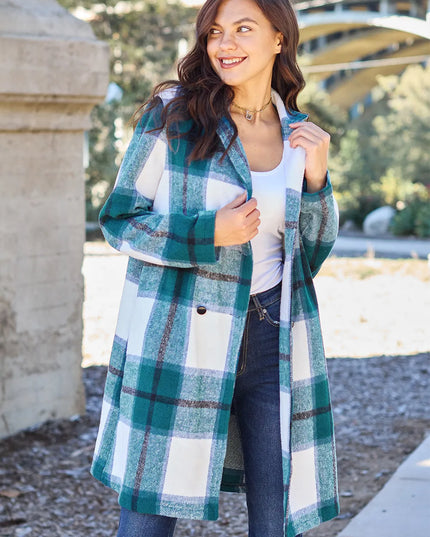 Double Take Full Size Plaid Button Up Lapel Collar Coat French Blue