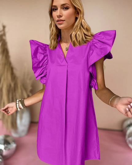 Oh Ruched Johnny Collar Cap Sleeve Mini Dress Vivid Violet