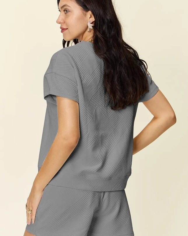 Double Take Full Size Texture Short Sleeve T-Shirt and Drawstring Shorts Set 