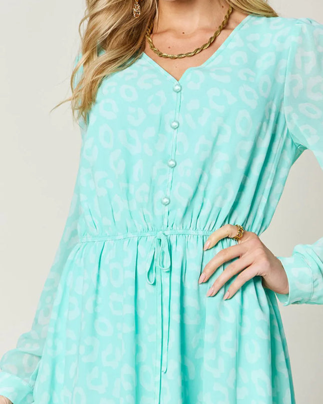 Double Take Full Size Printed Ruched V-Neck Long Sleeve Dress