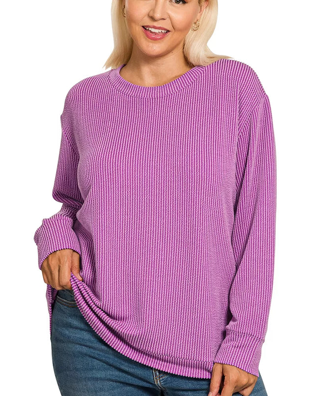Zenana Full Size Raised Rib Round Neck Long Sleeve Top Plus Size