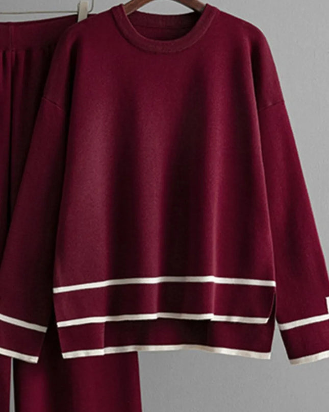 High-Low Round Neck Top and Pants Sweater Set