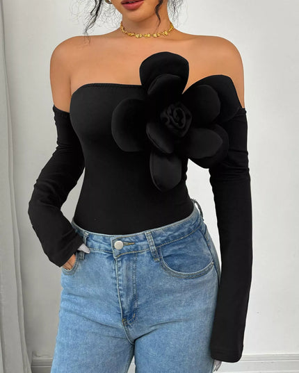 Flower Off-Shoulder Long Sleeve Bodysuit