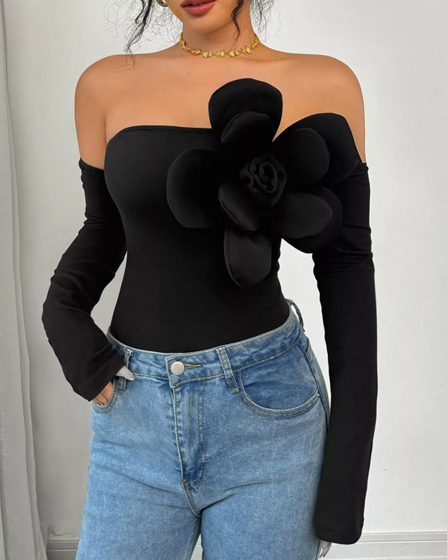 Flower Off-Shoulder Long Sleeve Bodysuit