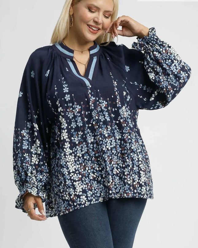 Umgee Full Size Floral Vine Print Blouse with Balloon Sleeves Plus Size