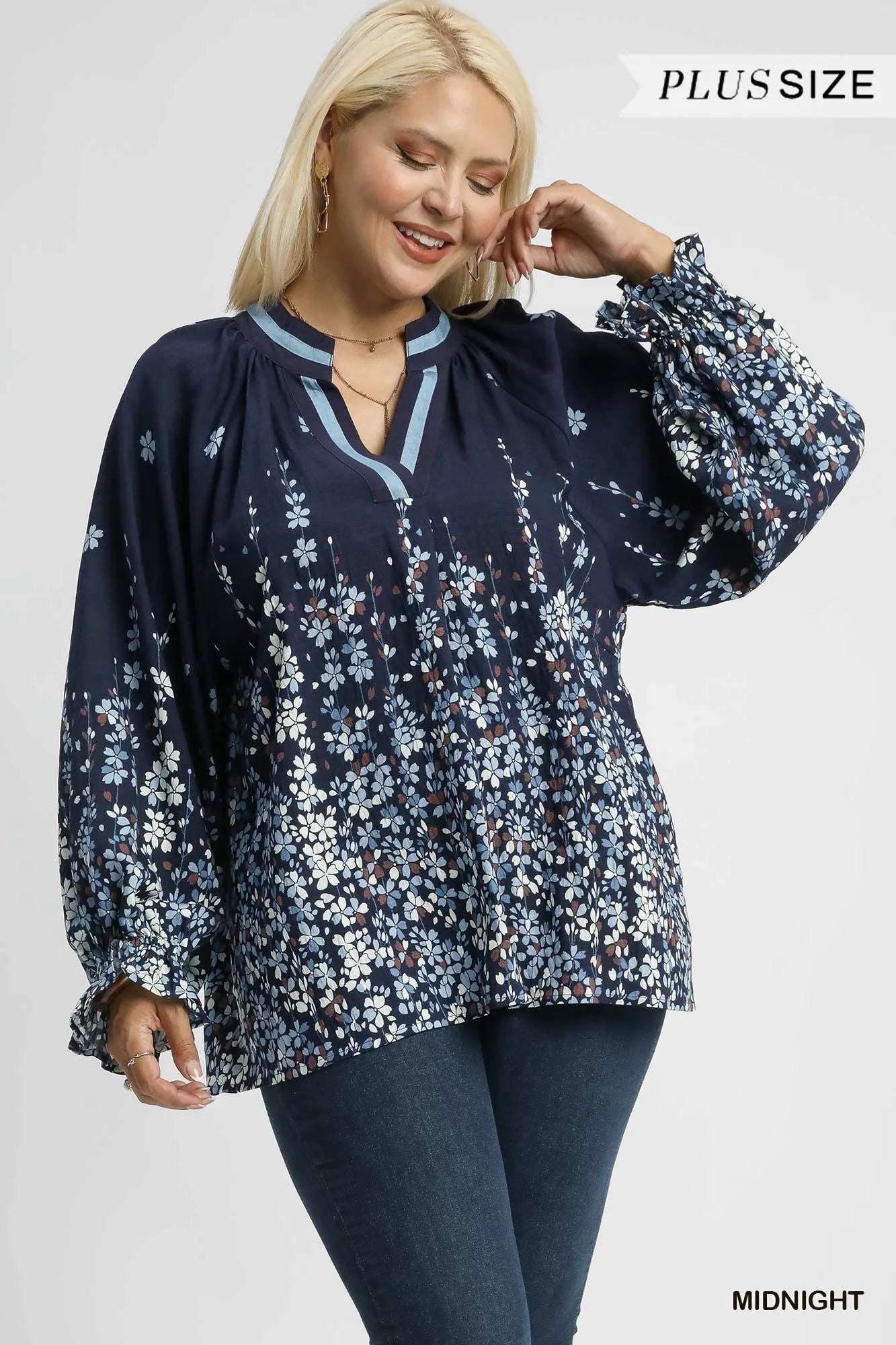 Umgee Full Size Floral Vine Print Blouse with Balloon Sleeves Plus Size