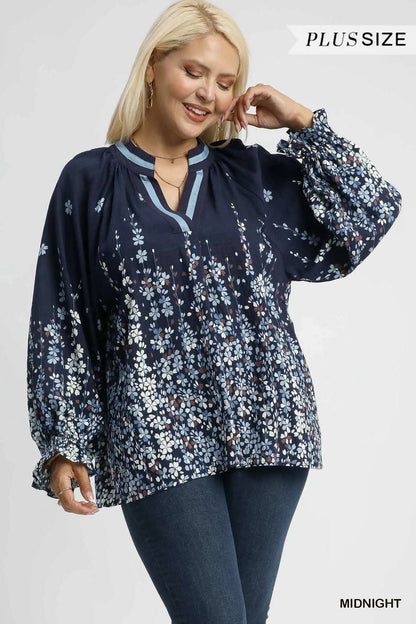 Umgee Full Size Floral Vine Print Blouse with Balloon Sleeves Plus Size