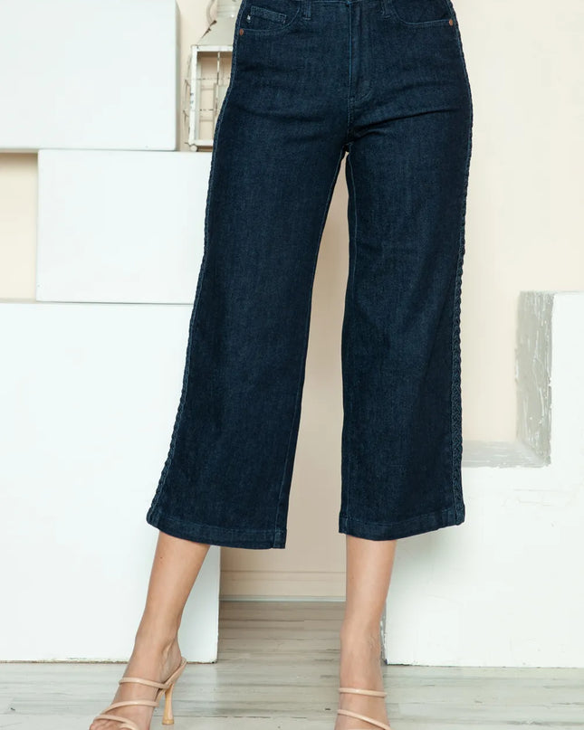 Judy Blue Full Size Side Seam Braid Detail Crop Wide Leg Jeans Dark